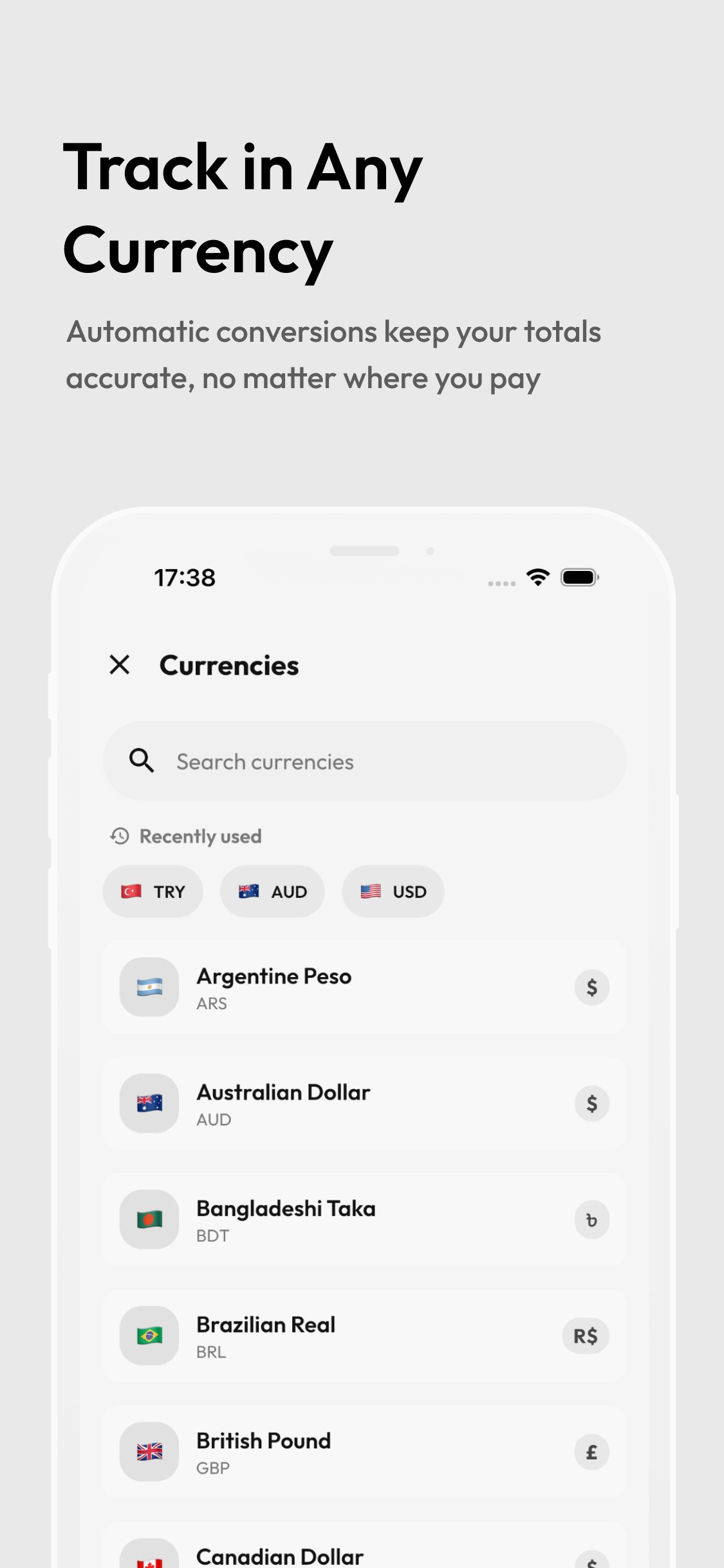 Track in Any Currency with live exchange rates