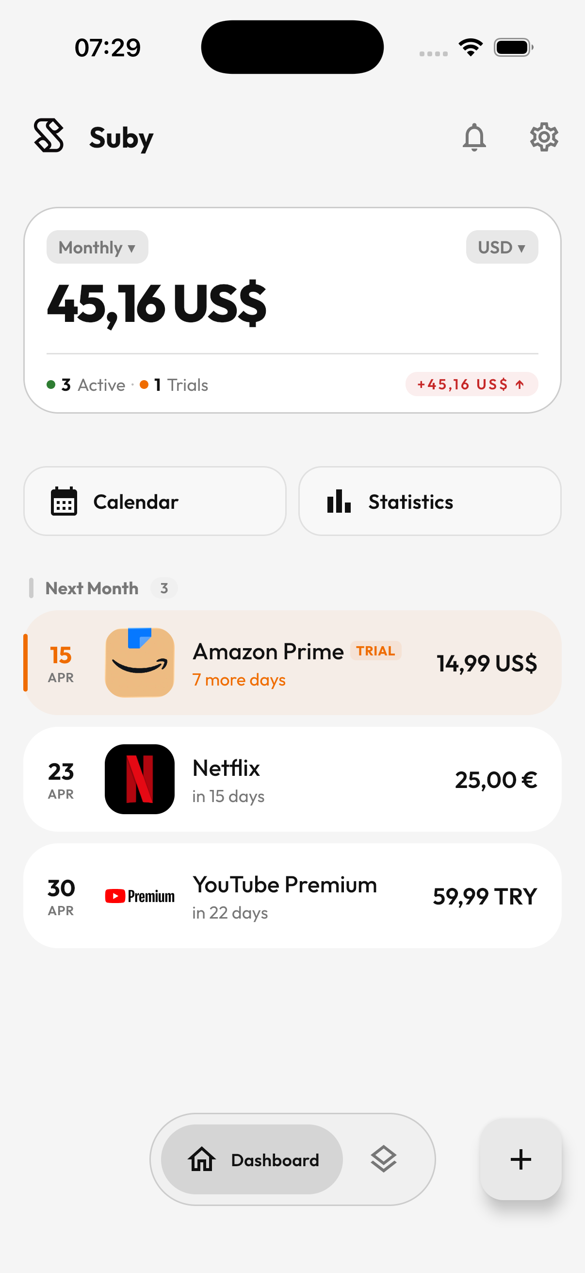 Suby dashboard showing total monthly spend, upcoming renewals, and active subscriptions